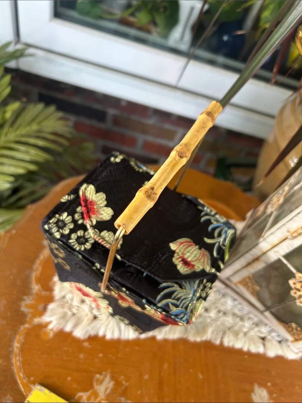 Vintage Chinese Takeout Bag w Bamboo & Brass Handle